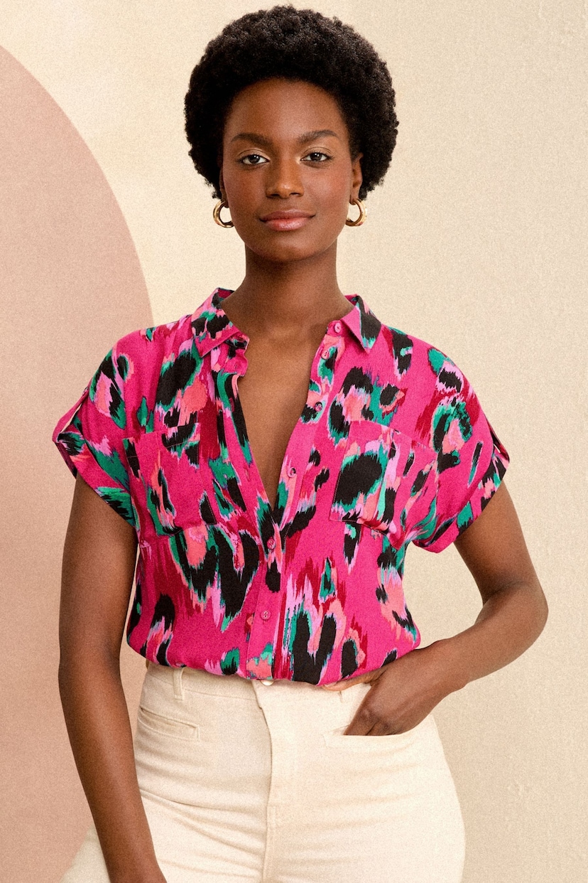 Love & Roses Pink Roll Sleeve Utility Shirt - Image 1 of 4