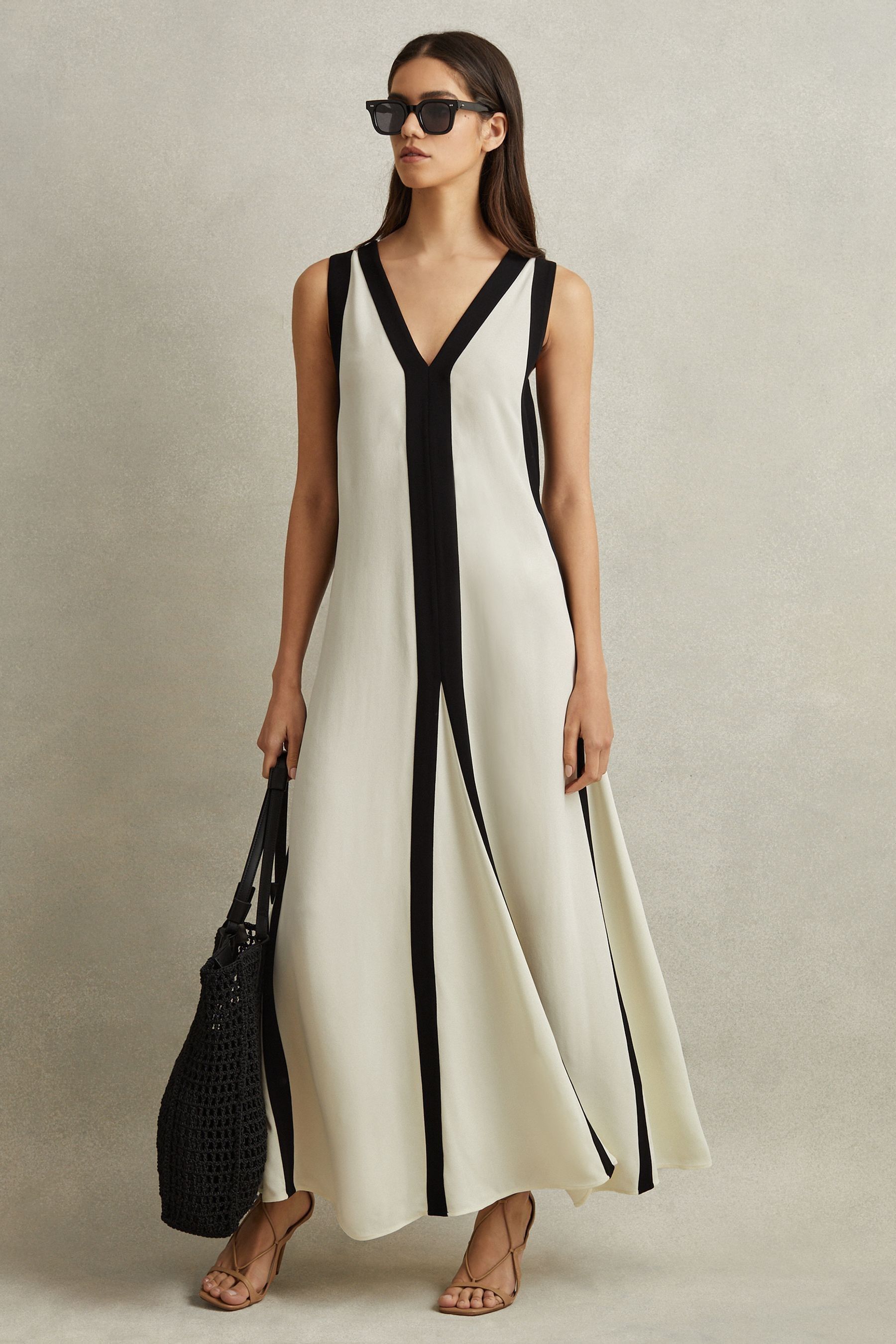 Reiss Black Cream Rae Colourblock Maxi Dress