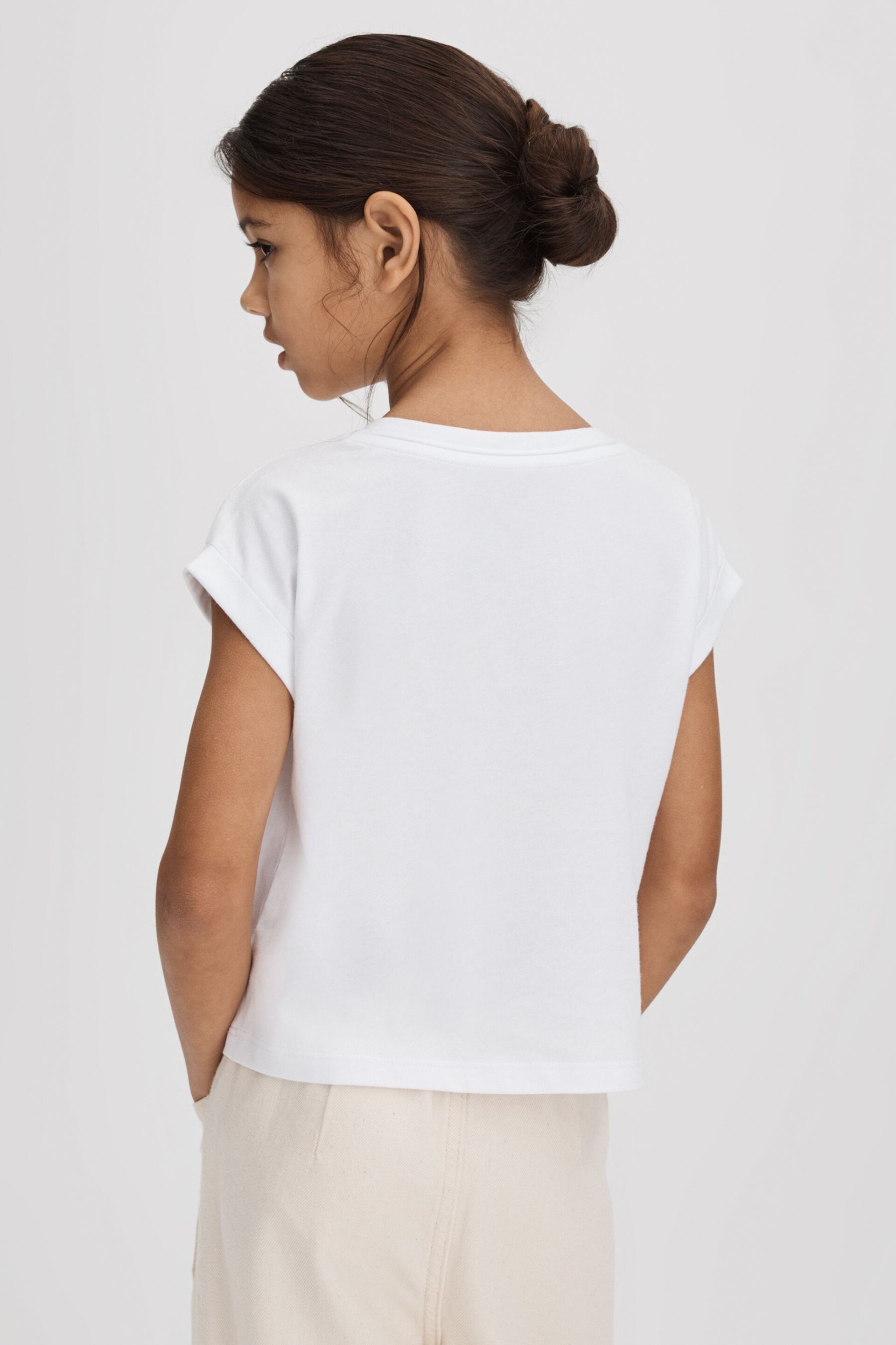 Reiss White Taya Teen Textured Motif Cotton Crew Neck T-Shirt - Image 5 of 7