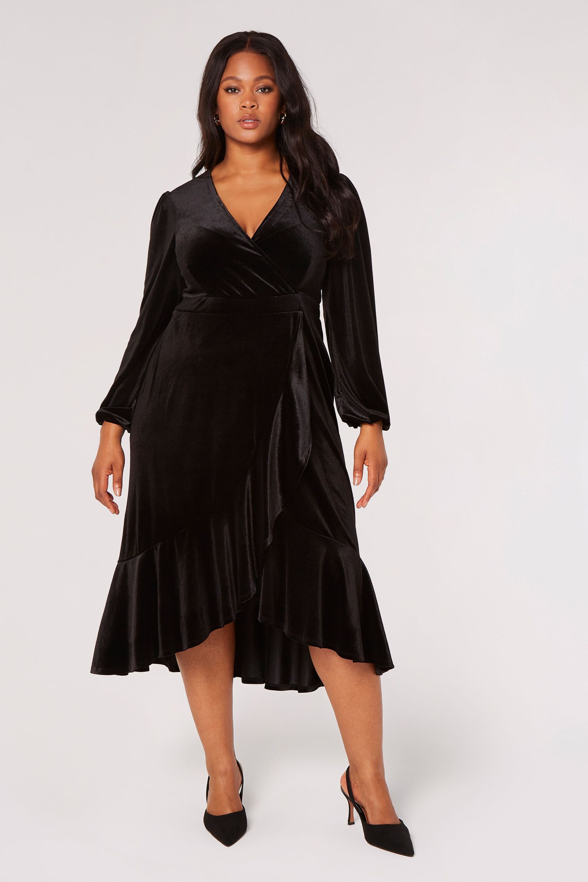 Apricot Black Velvet Faux Wrap Billow Sleeve Dress - Image 1 of 4