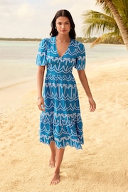 Lipsy Blue Broderie Short Sleeve Palm Embroidered Midi Summer Dress - Image 1 of 4