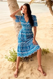 Lipsy Blue Broderie Short Sleeve Palm Embroidered Midi Summer Dress - Image 2 of 4