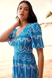 Lipsy Blue Broderie Short Sleeve Palm Embroidered Midi Summer Dress - Image 3 of 4