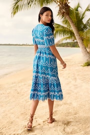 Lipsy Blue Broderie Short Sleeve Palm Embroidered Midi Summer Dress - Image 4 of 4
