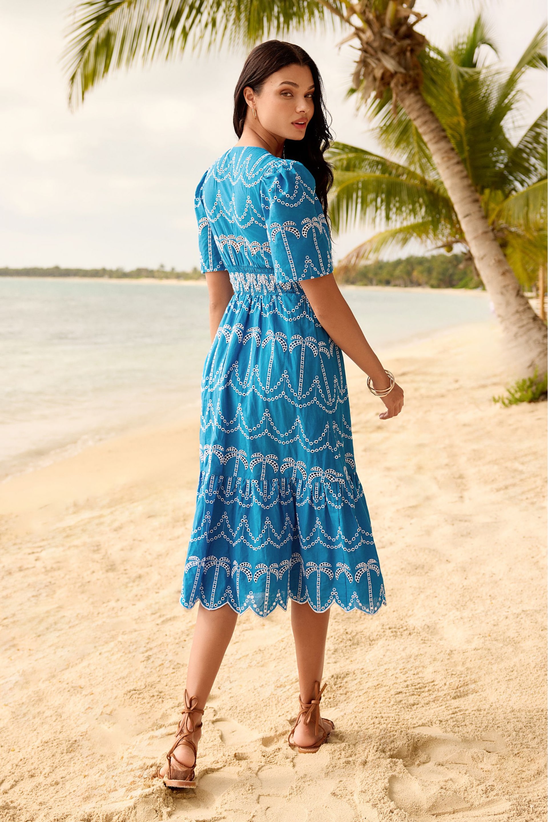 Lipsy Blue Broderie Short Sleeve Palm Embroidered Midi Summer Dress - Image 4 of 4