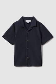 Reiss Navy Gerrard Senior Textured Cotton Cuban Collar Shirt - Image 2 of 4
