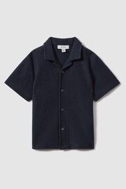 Reiss Navy Gerrard Junior Textured Cotton Cuban Collar Shirt - Image 2 of 4