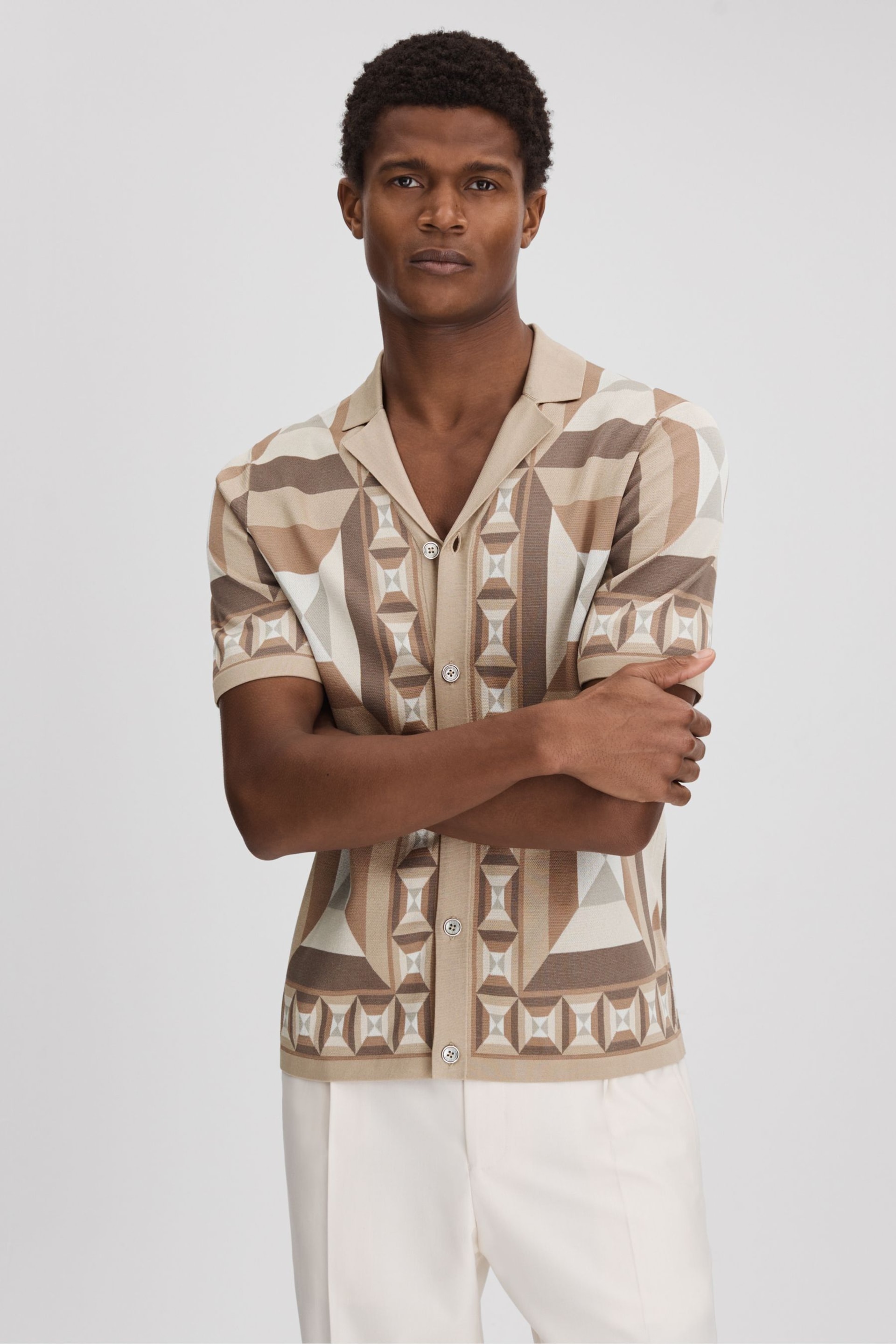 Reiss Camel Multi Beresford Knitted Cuban Collar Shirt - Image 1 of 6