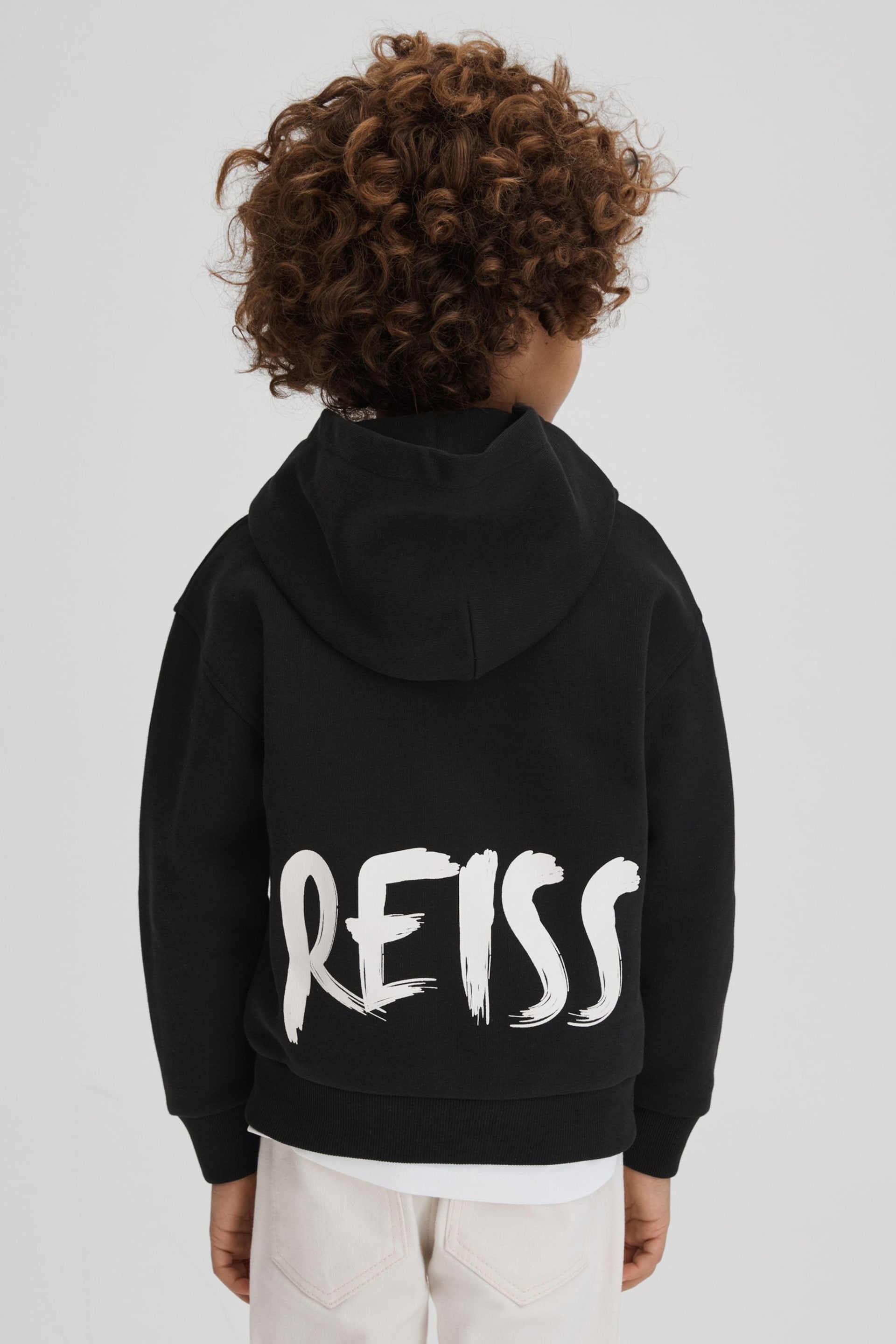 Reiss Washed Black Newton Junior Cotton Relaxed Motif Hoodie - Image 6 of 7