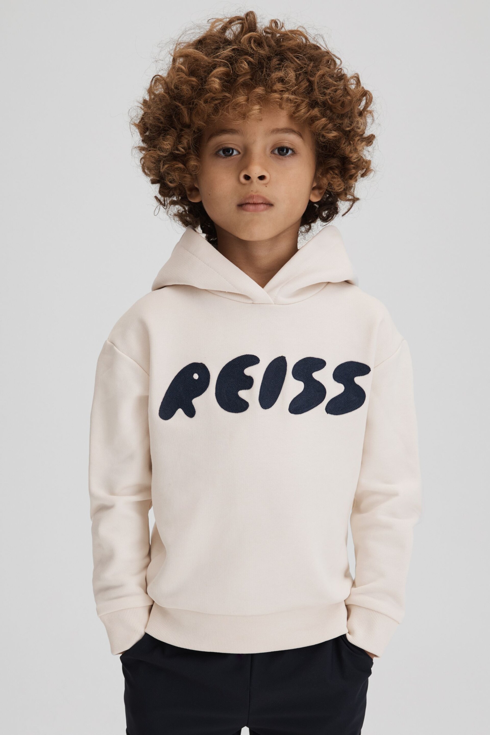 Reiss Ecru Adel Junior Oversized Cotton Motif Hoodie - Image 1 of 6