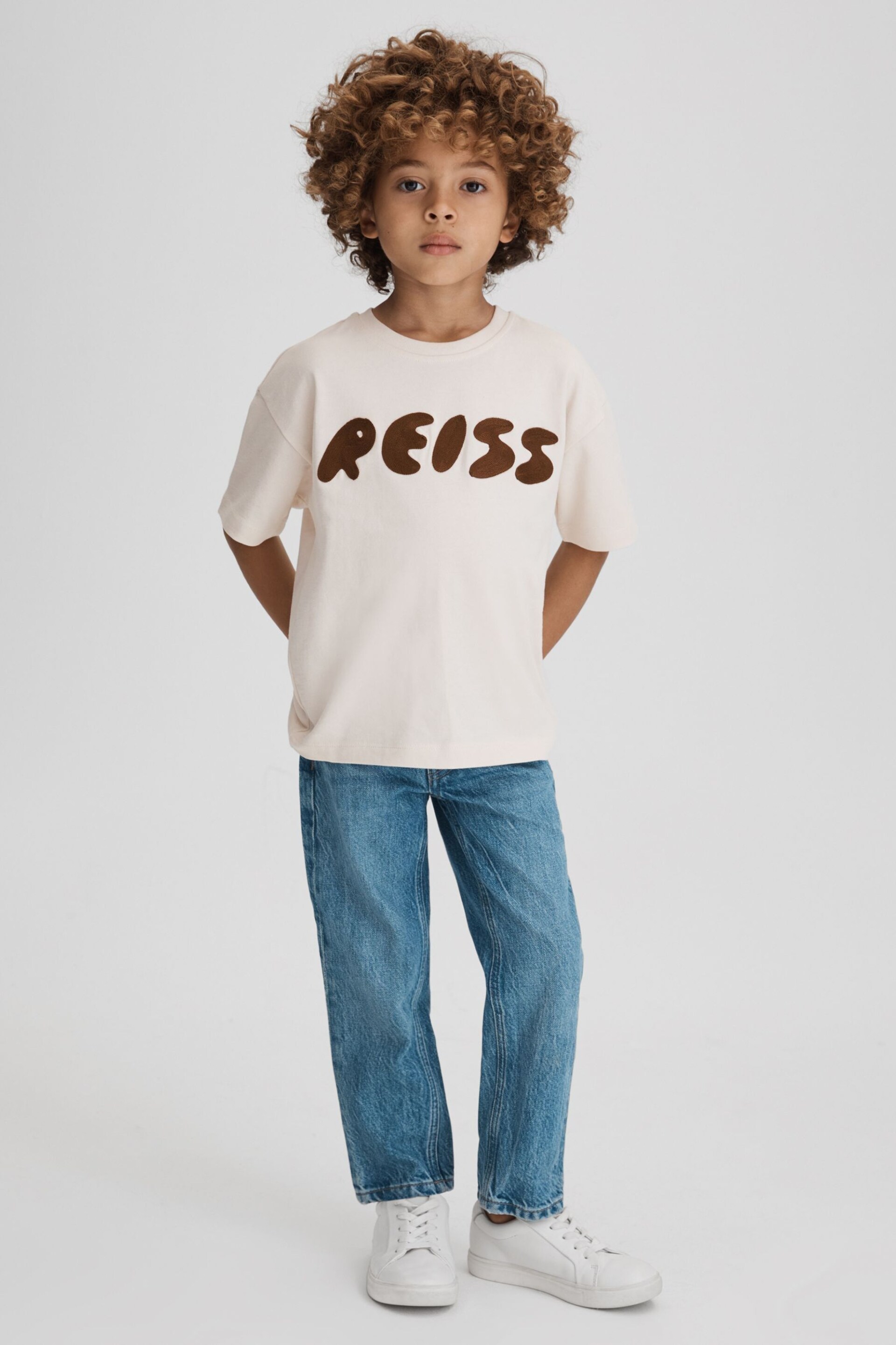 Reiss Ecru Sands Senior Cotton Crew Neck Motif T-Shirt - Image 1 of 6