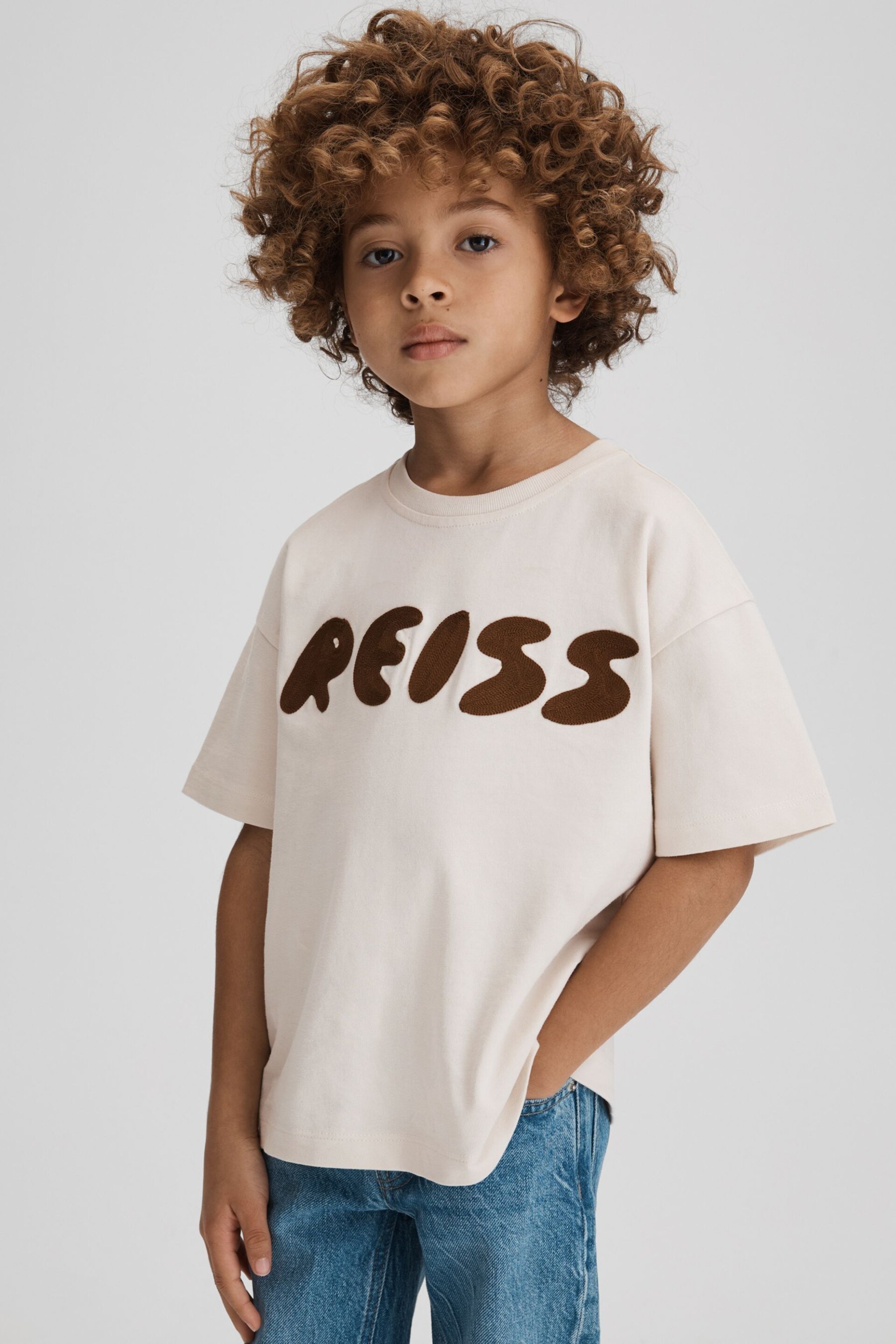 Reiss Ecru Sands Senior Cotton Crew Neck Motif T-Shirt - Image 3 of 6