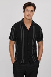 Reiss Black/Steel Grey Castle Ribbed Striped Cuban Collar Shirt - Image 1 of 6