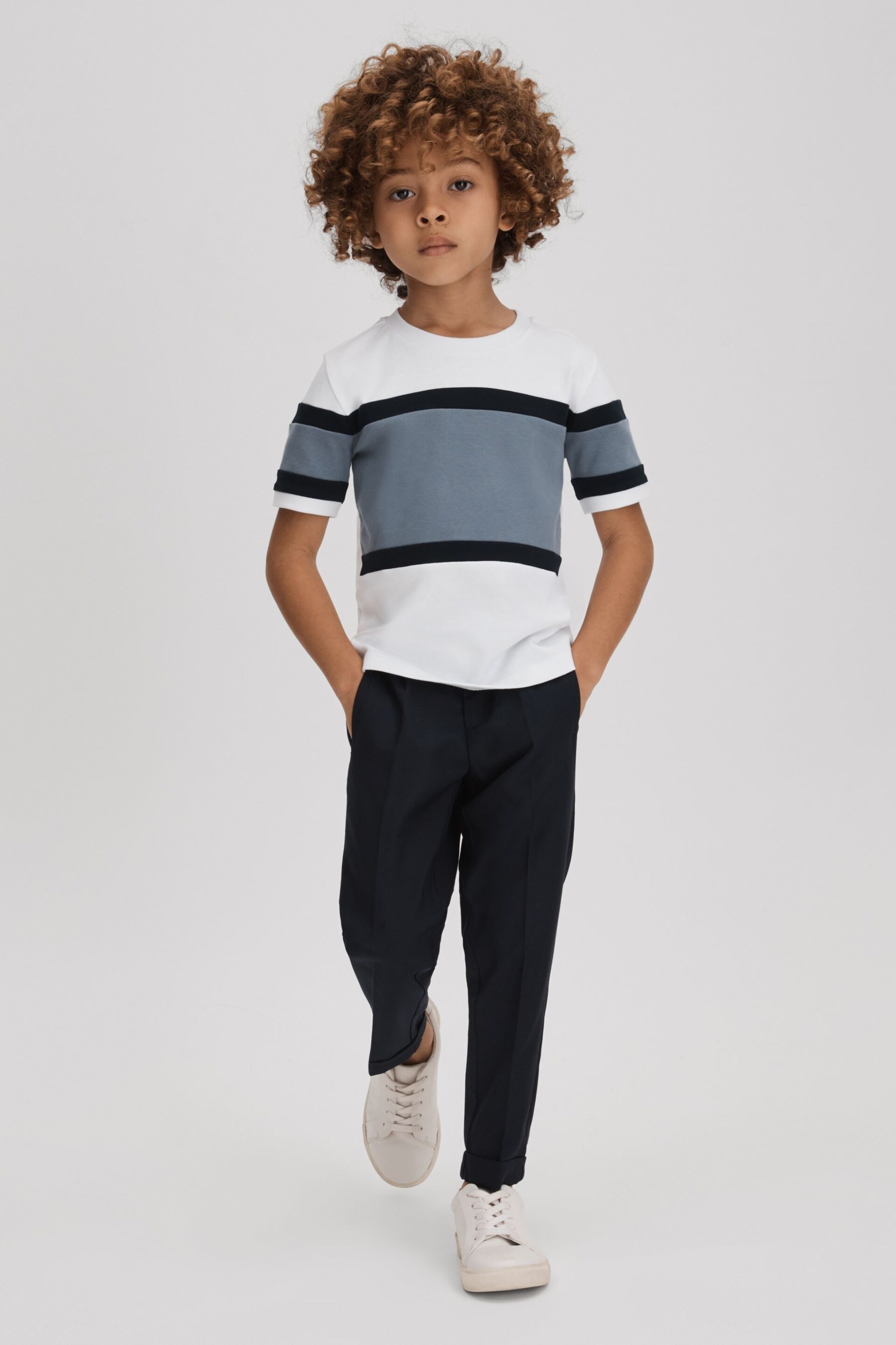 Reiss Airforce Blue Auckland Junior Cotton Colourblock Crew Neck T-Shirt - Image 1 of 4