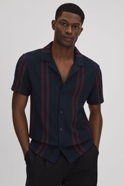 Reiss Navy/Bordeaux Castle Ribbed Striped Cuban Collar Shirt - Image 1 of 6
