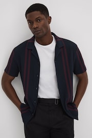 Reiss Navy/Bordeaux Castle Ribbed Striped Cuban Collar Shirt - Image 6 of 6