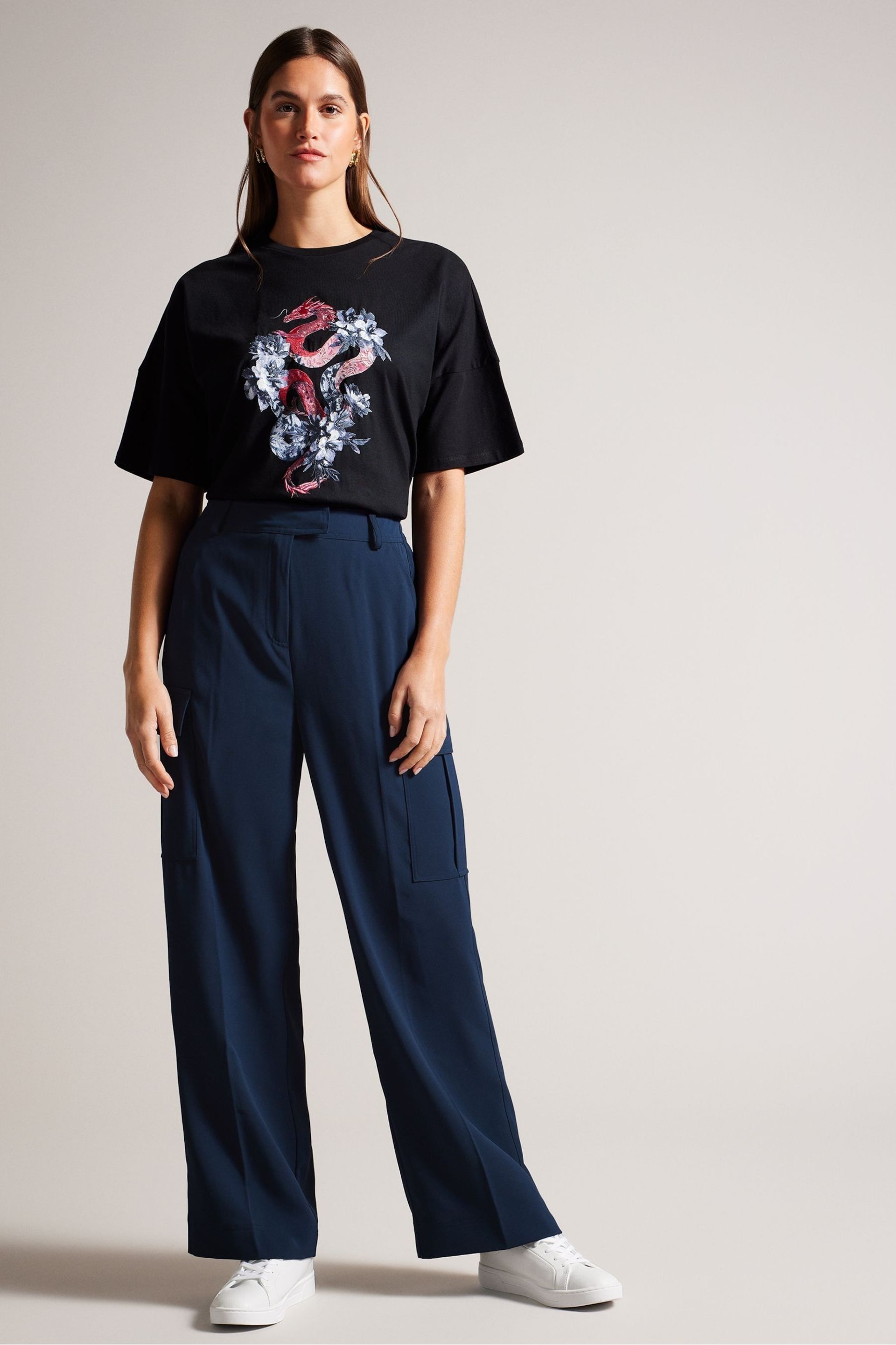Ted Baker Blue Roccio High Waisted Wide Leg Cargo Trousers - Image 3 of 5