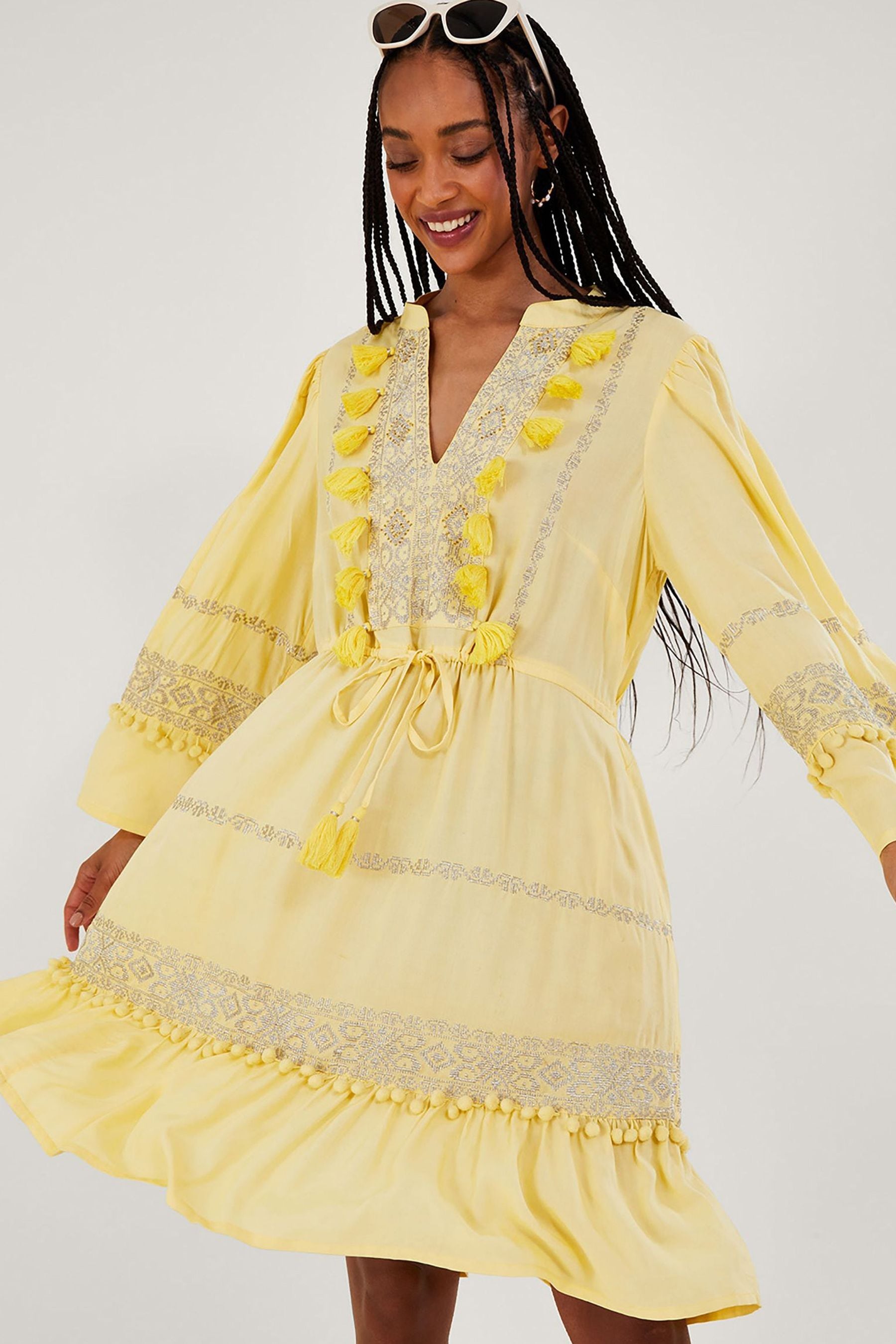 Buy Monsoon Yellow Embroidered Pom Pom Kaftan Dress from Next Australia