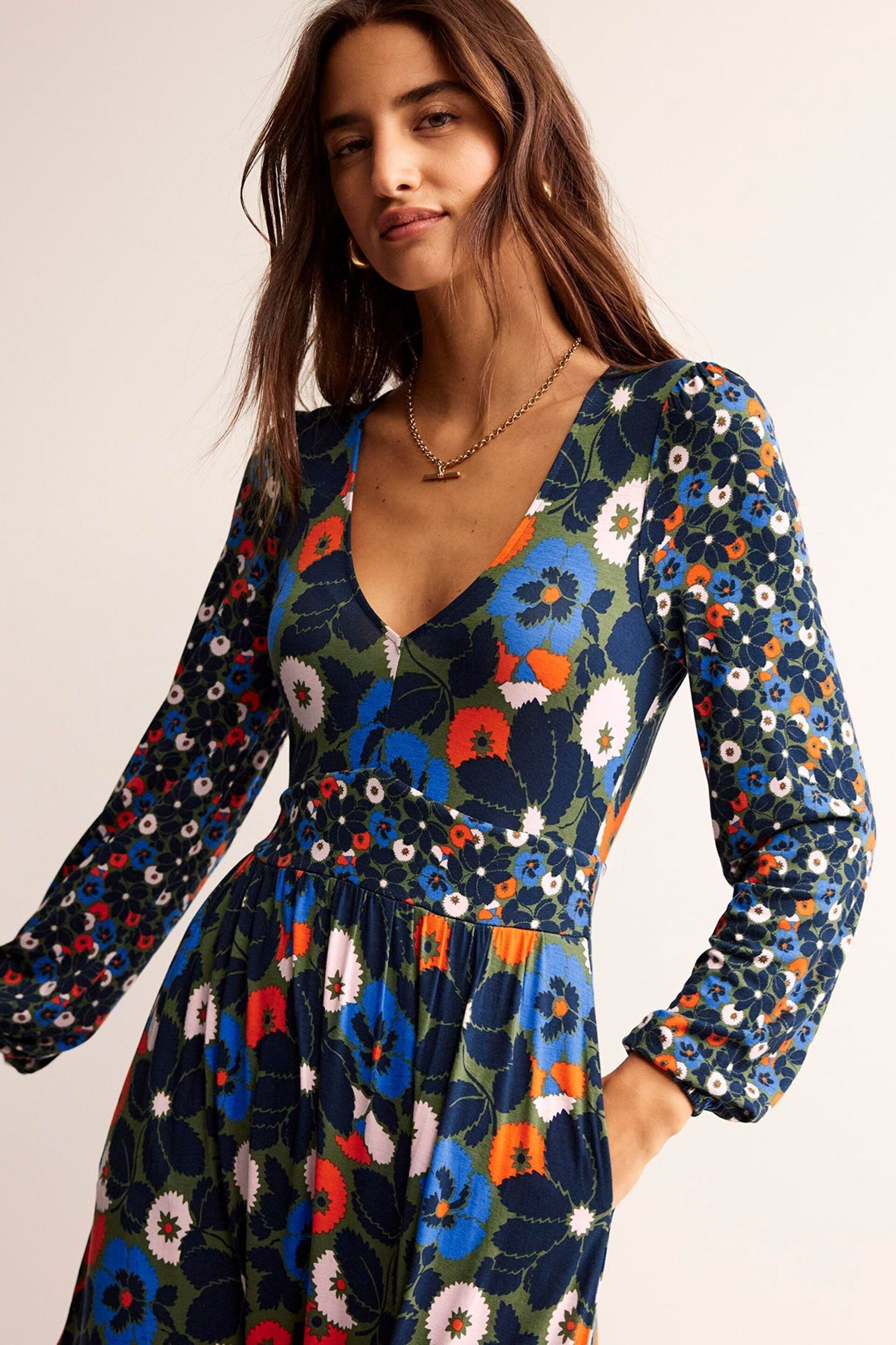 Boden Blue Hotch Floral Potch V-Neck Midi Dress - Image 2 of 6