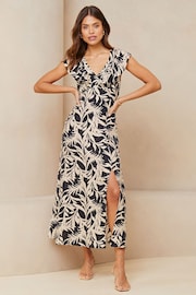 Lipsy Black/White Sleeveless V Neck Ruffle Summer Midi Dress - Image 1 of 4