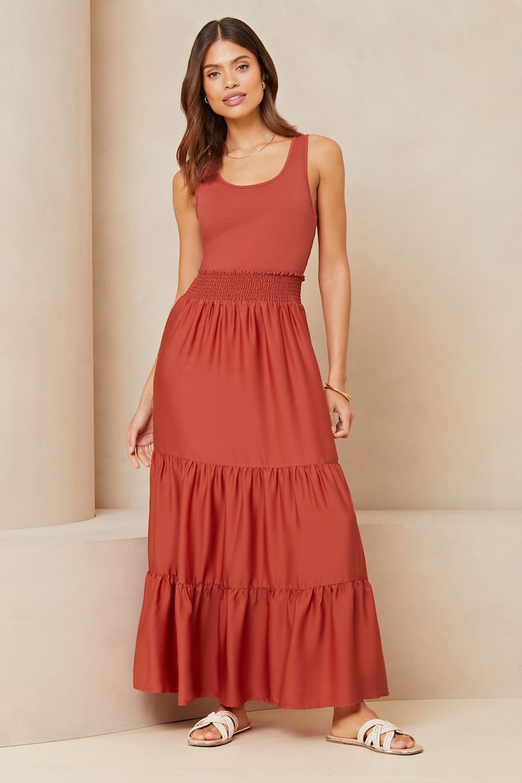 Lipsy Rust Hybrid Shirred Waist Summer Holiday Maxi Dress - Image 1 of 4