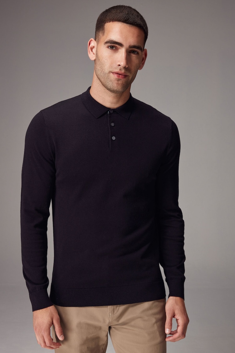 Black Regular Fit Knitted Long Sleeve Polo Shirt - Image 1 of 8