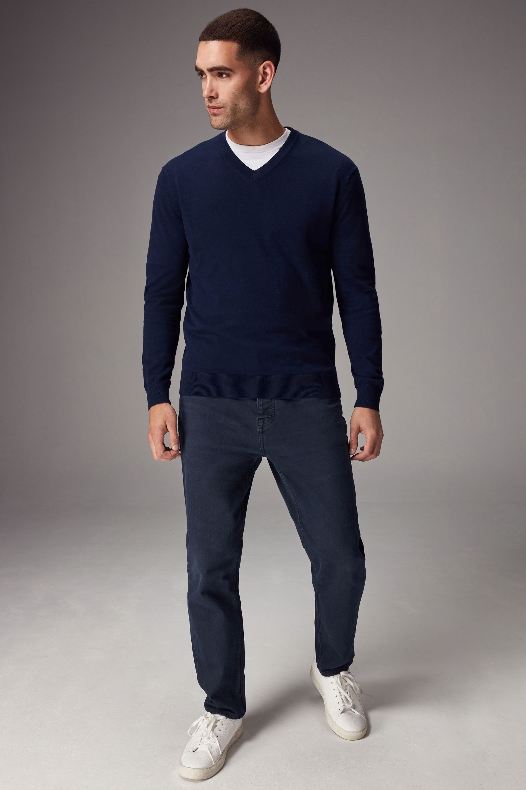 Navy Blue V Neck Regular Fit Cotton Rich V Neck Jumper