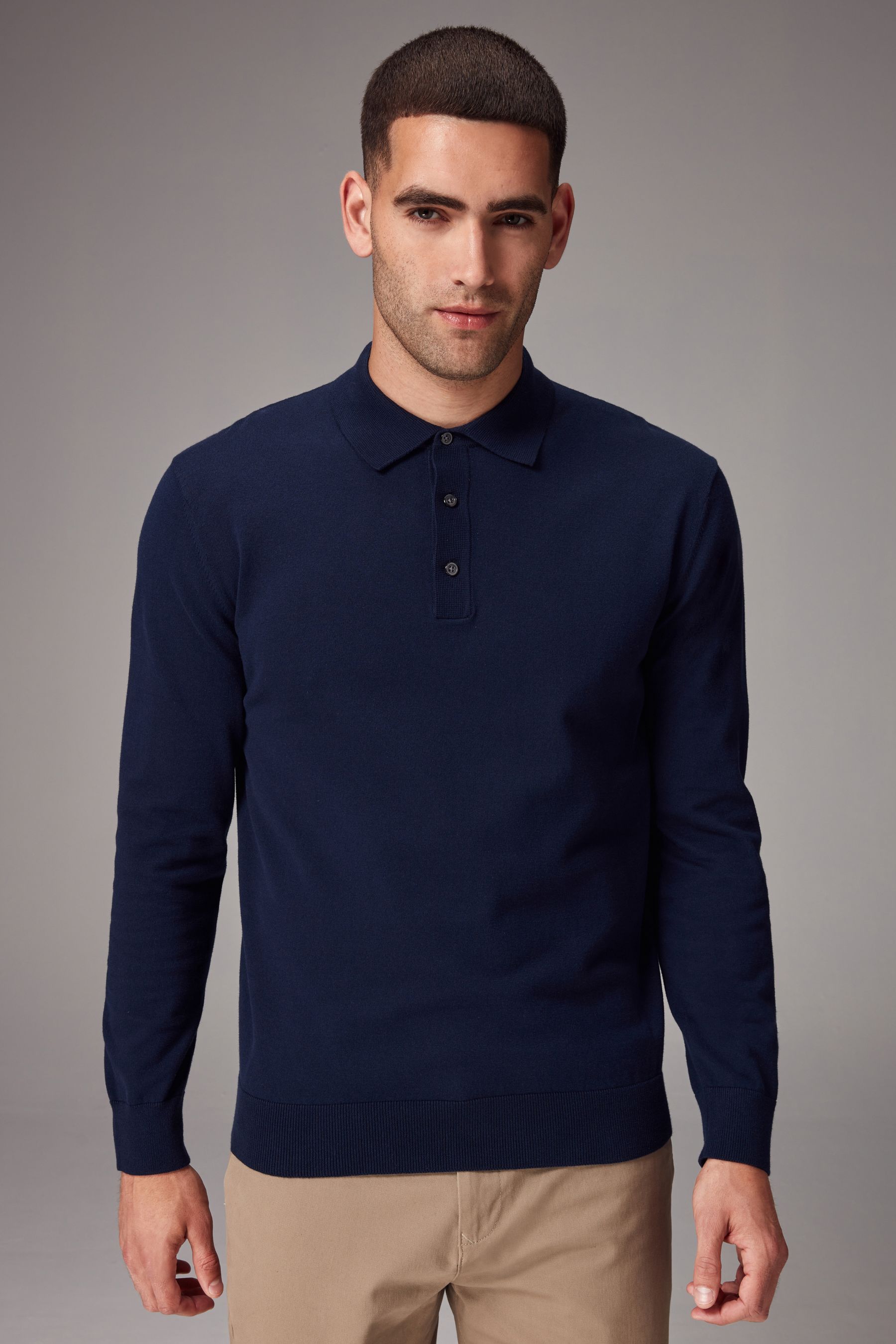 Buy Blue Navy Regular Fit Knitted Long Sleeve Polo Shirt from the Next UK online shop