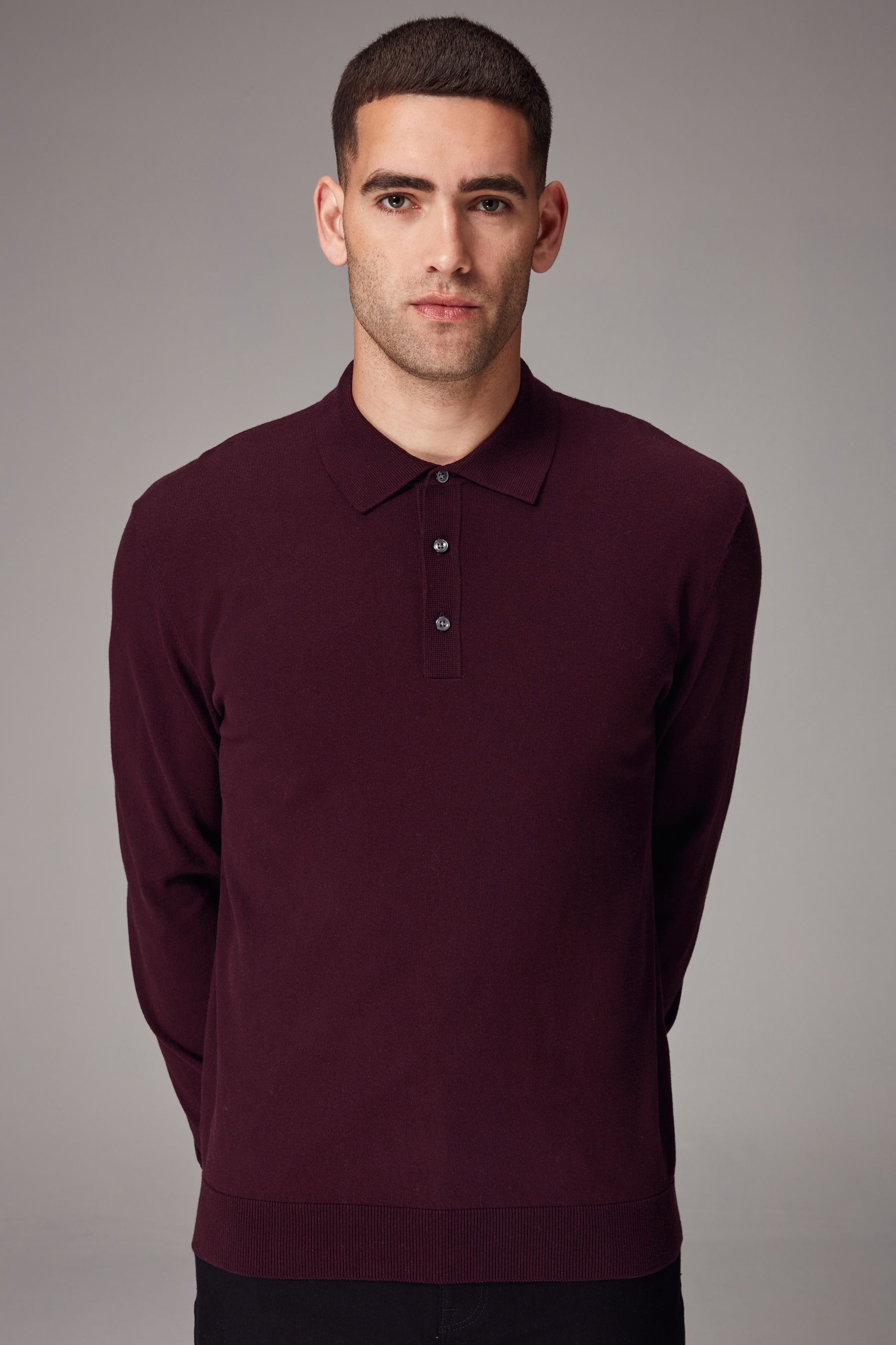 Buy Burgundy Red Regular Fit Knitted Long Sleeve Polo Shirt from Next Luxembourg