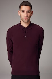 Burgundy Red Regular Fit Knitted Long Sleeve Polo Shirt - Image 1 of 8