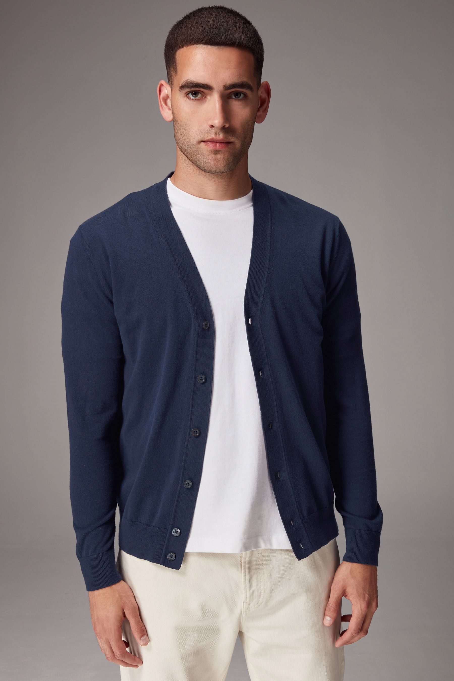 Navy Blue Regular Fit Cotton Rich Cardigan