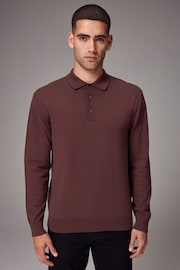 Red/Brown - 標準剪裁 - Knitted Long Sleeve Polo Shirt - 圖片 1，共 8