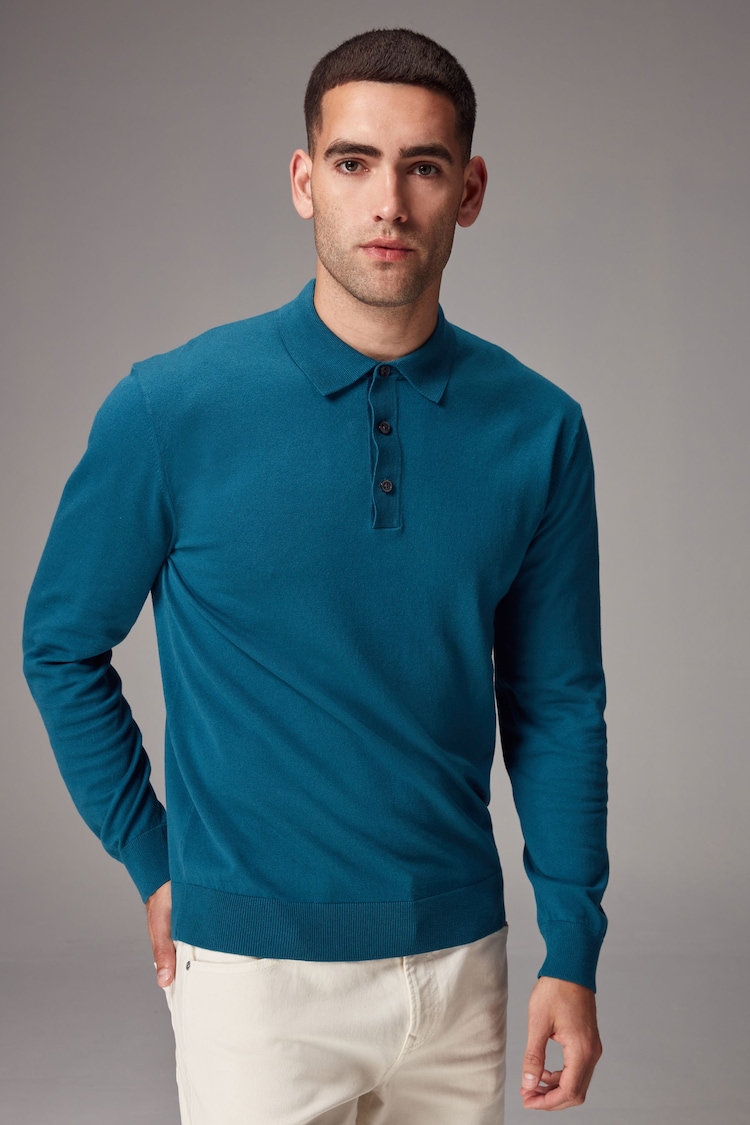 Turquoise Blue Regular Fit Knitted Long Sleeve Polo Shirt - Image 1 of 8