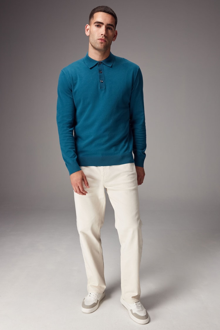 Turquoise Blue Regular Fit Knitted Long Sleeve Polo Shirt - Image 2 of 8