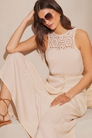Lipsy Cream Crochet Hybrid Racer Tiered Holiday Summer Cover Up Dress - Image 1 of 4