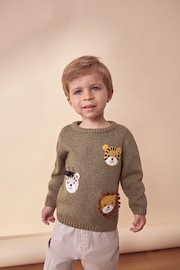 Khaki Green Safari Animals Crew Neck Knitted 100% Cotton Jumper (3mths-7yrs) - Image 3 of 7