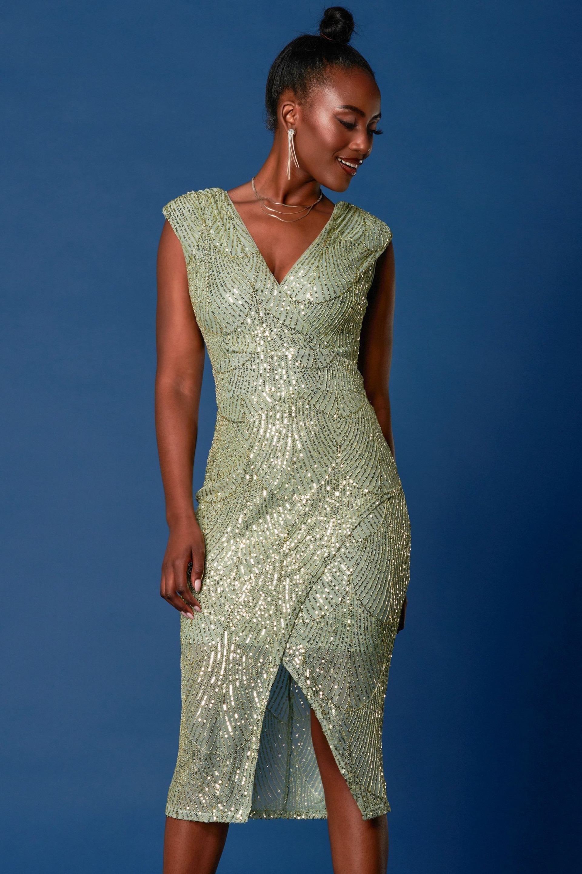 Jolie Moi Green Sequin Wrap Slit Pencil Dress - Image 6 of 6