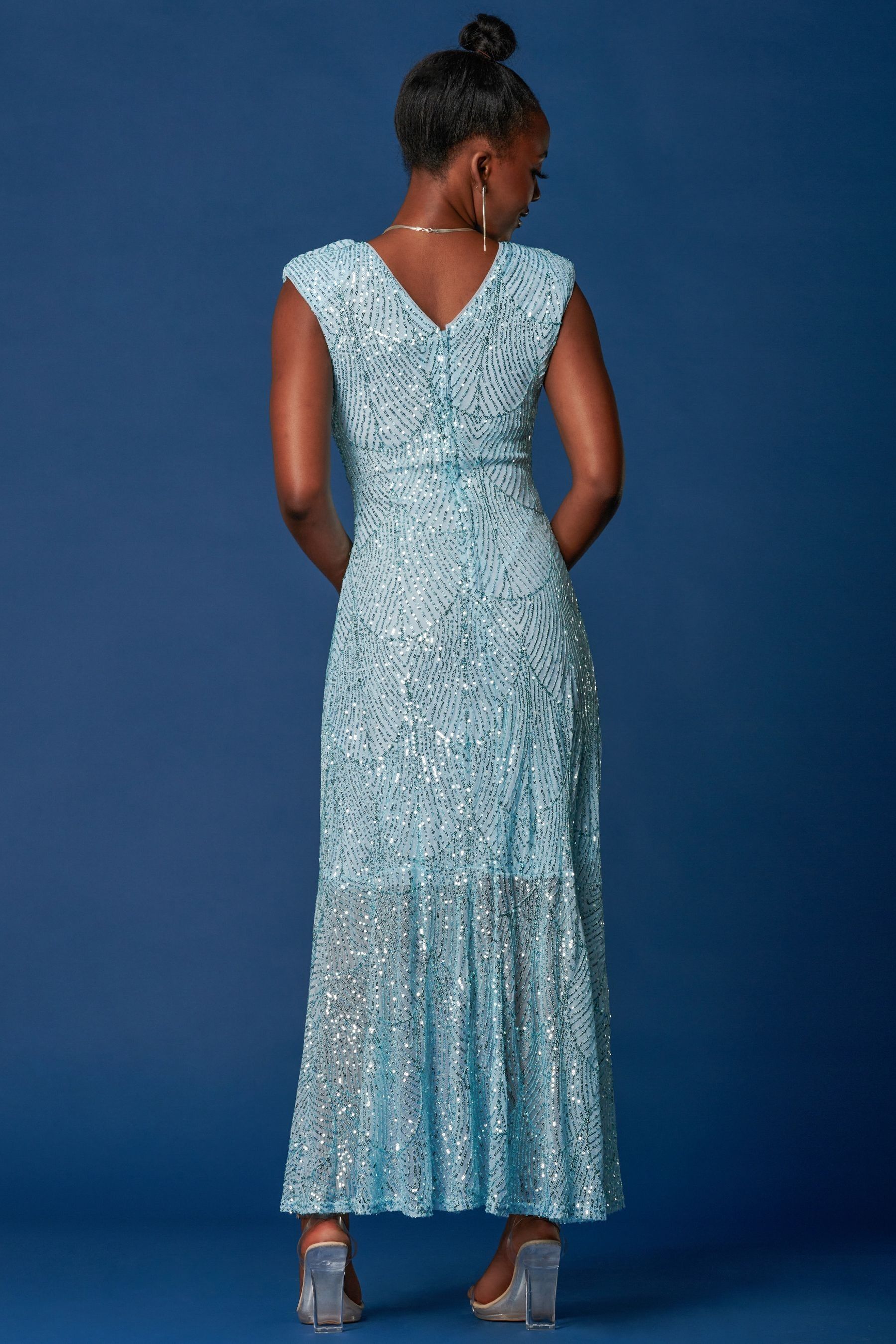 Buy Jolie Moi Light Blue Sequin Wrap Ruffle Hem Maxi Dress from Next Luxembourg