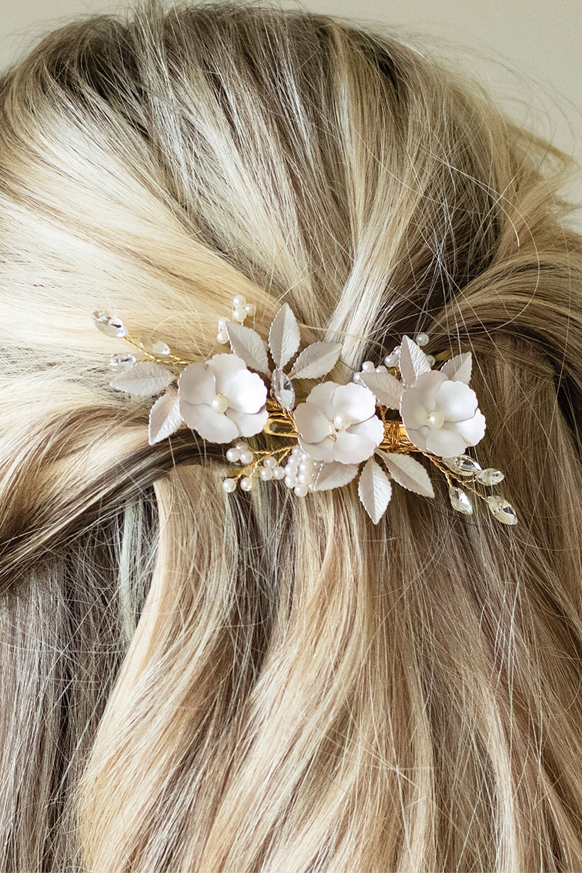 Ivory & Co Gold Gardenia Crystal And Pearl Enamelled Floral Clip - Image 3 of 5