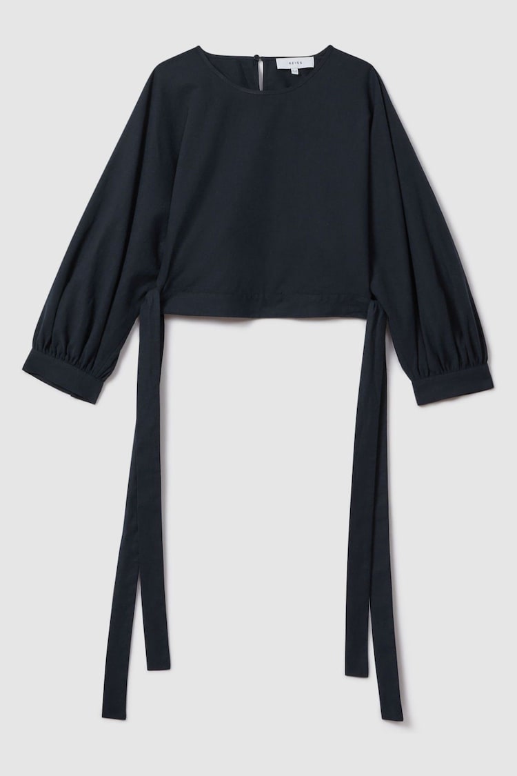 Reiss Navy Immy Cropped Blouson Sleeve Top With Linen - Image 2 of 7