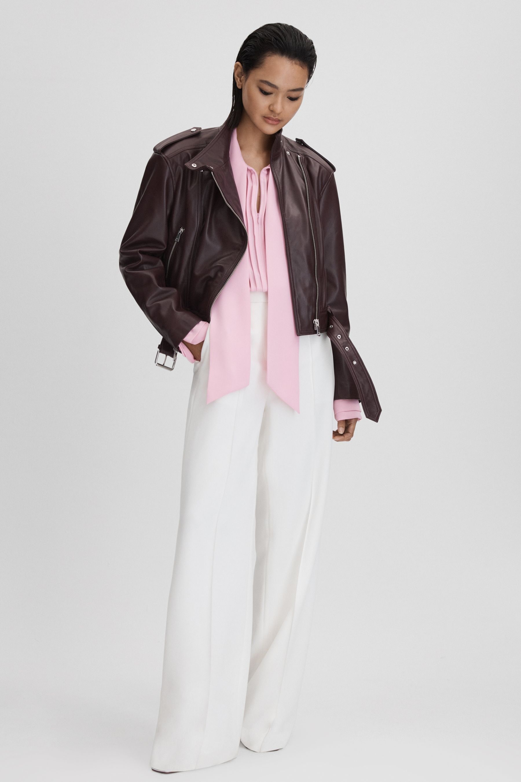 Buy Reiss Berry Maeve Cropped Leather Biker Jacket from the Next UK online shop