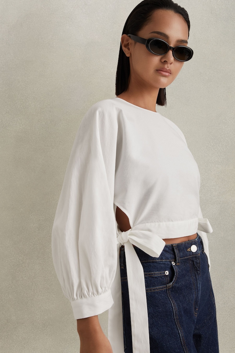 Reiss Ivory Immy Cropped Blouson Sleeve Top With Linen - Image 1 of 5