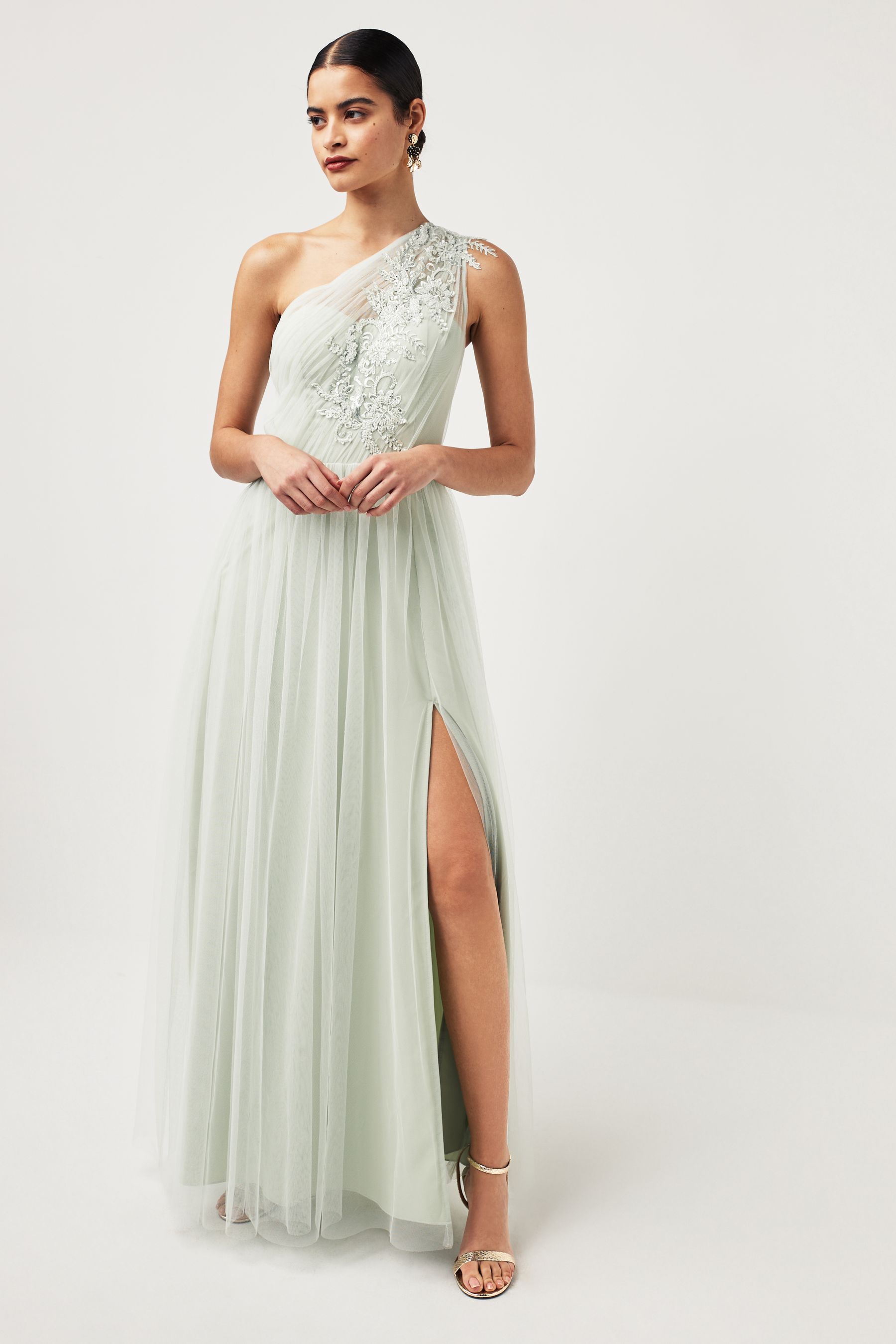 Maya Light Green One Shoulder Tulle Maxi Dress With Embellished Motif