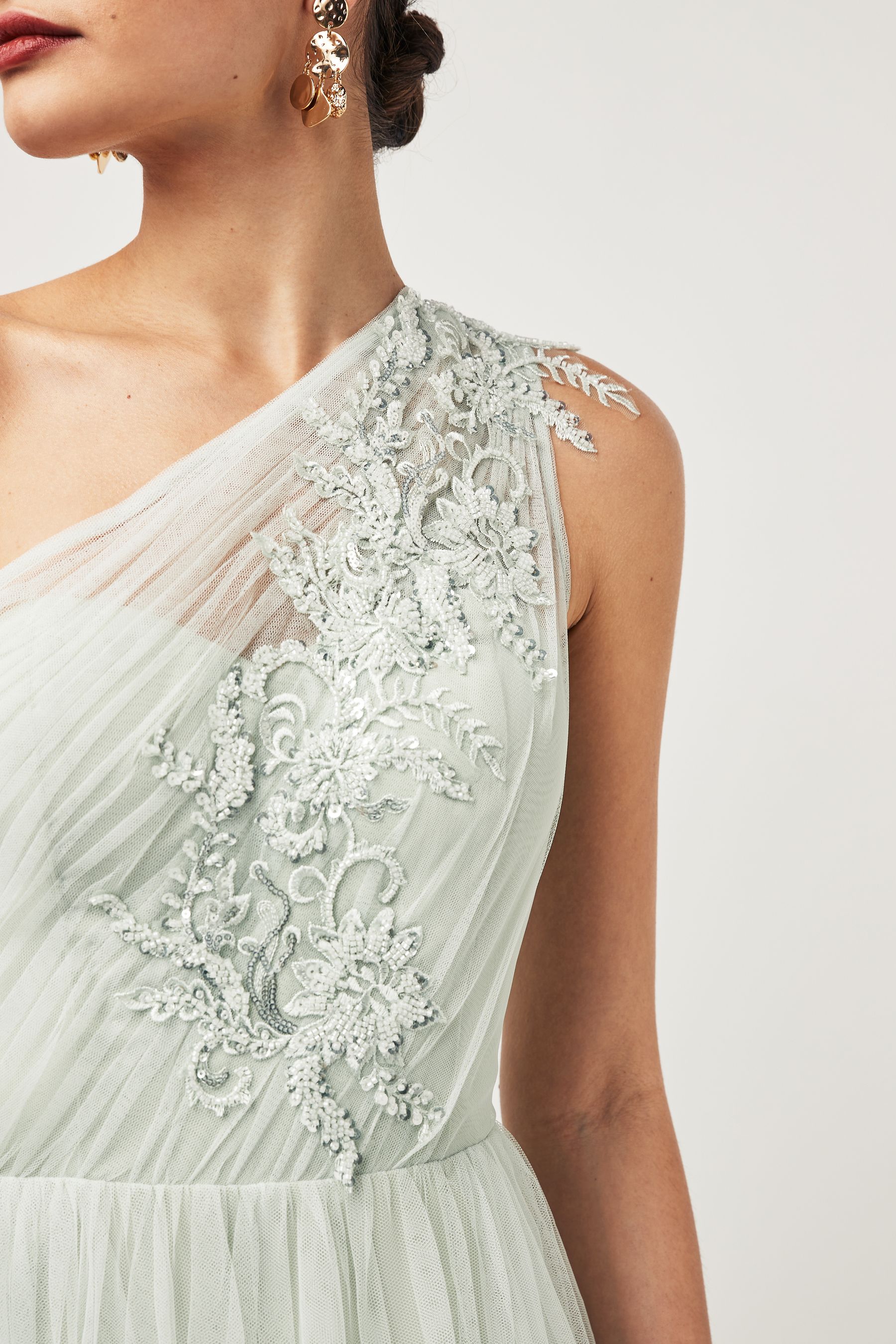 Maya Light Green One Shoulder Tulle Maxi Dress with Embellished Motif