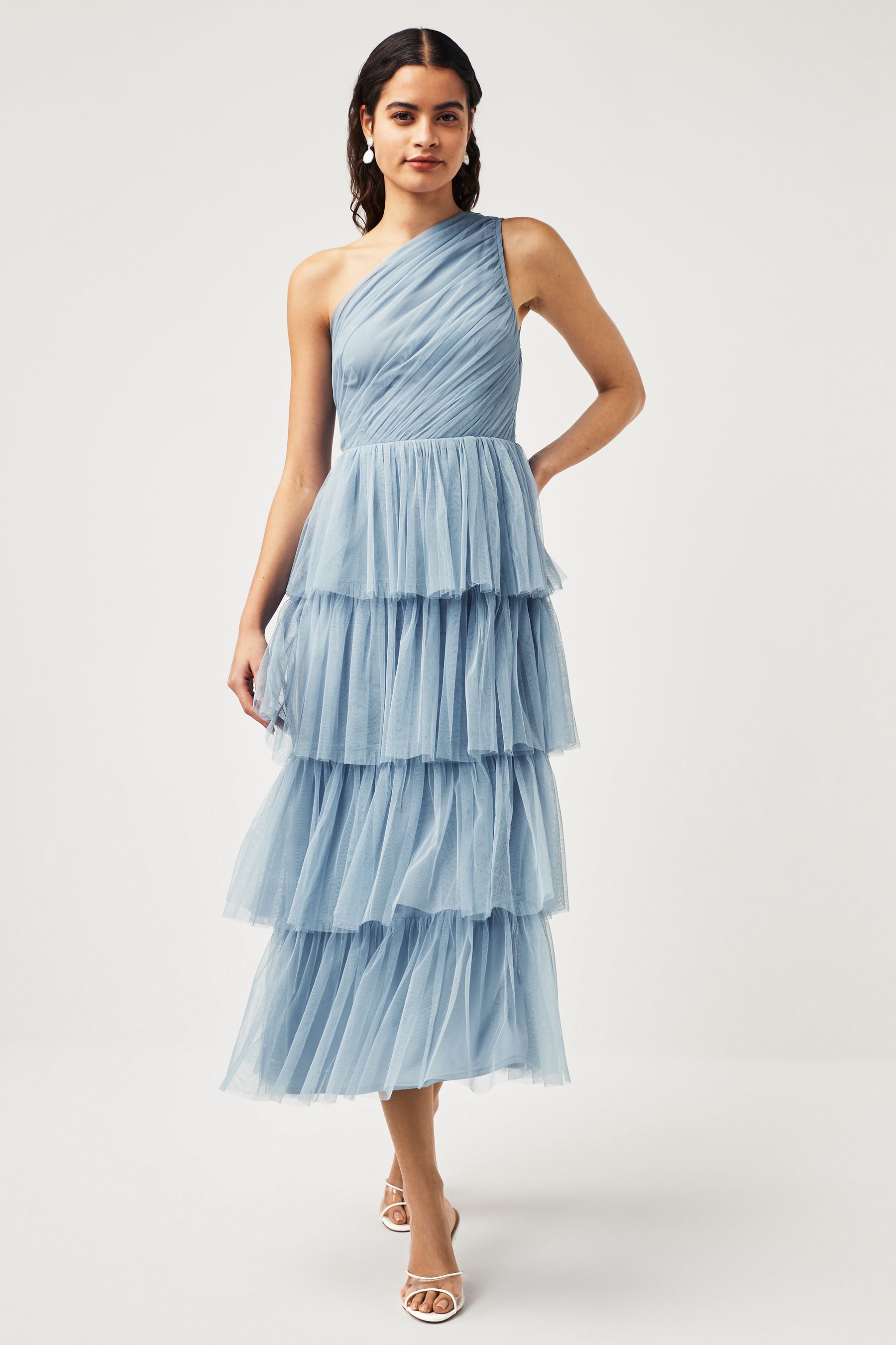 Buy Anaya With Love Blue Tulle One Shoulder Tiered Midaxi Bridesmaid Dress from Next Luxembourg