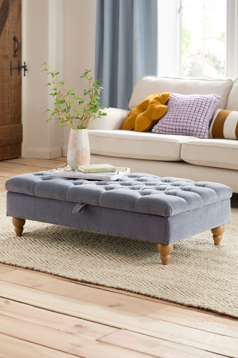 Buttoned Fine Chenille Granite Blue Albury Large with Storage Footstool - Image 1 of 9