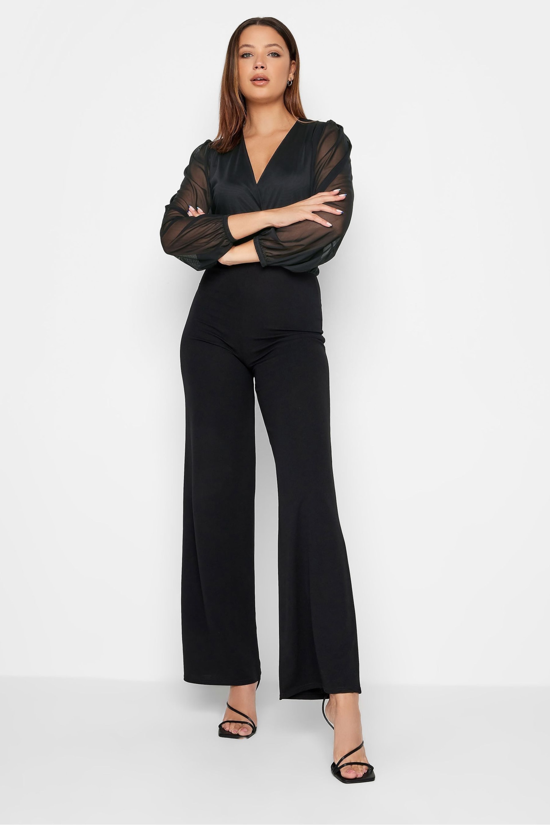 Long Tall Sally Black Mesh Sleeve Wrap Jumpsuit - Image 3 of 4