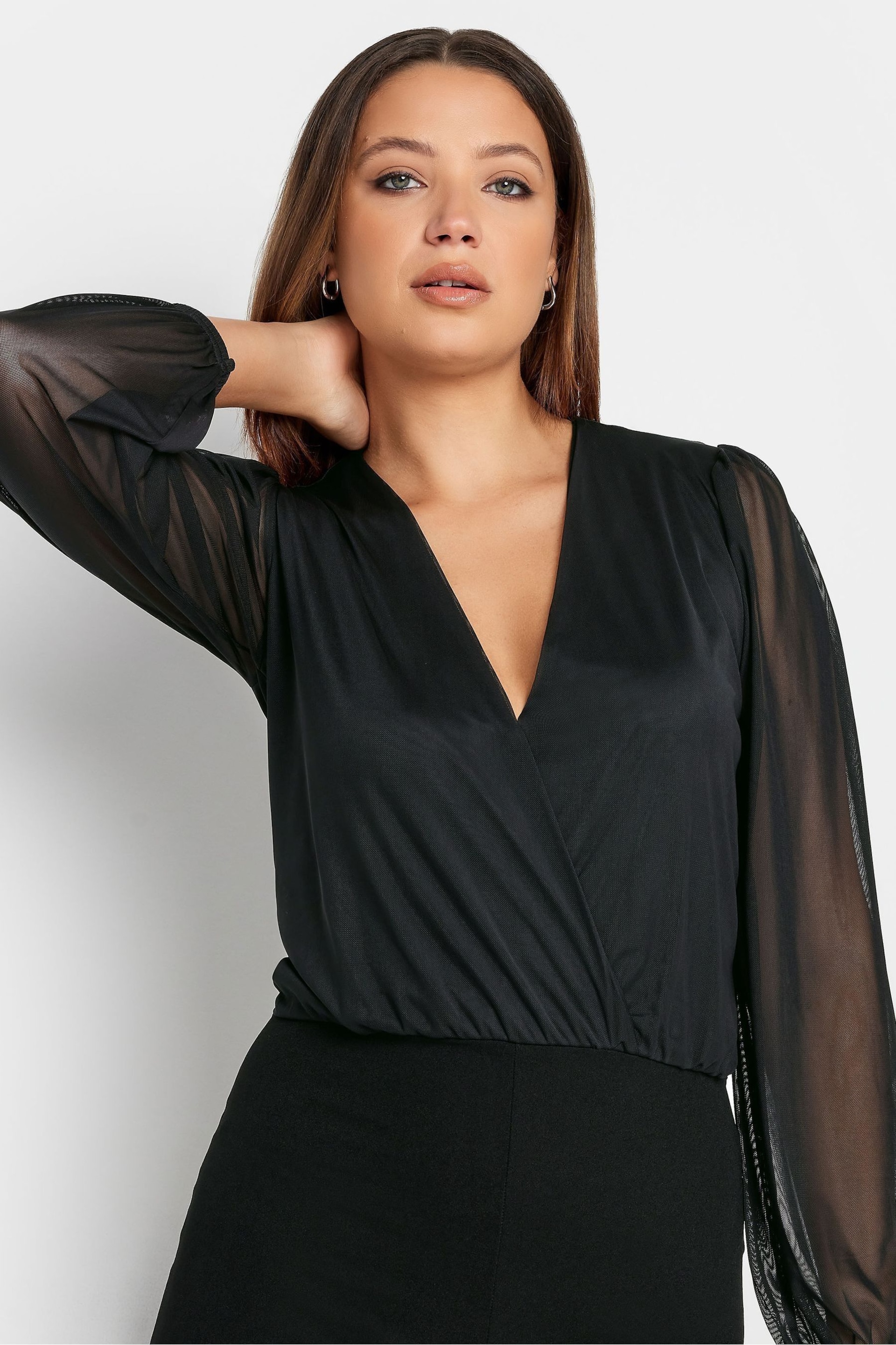 Long Tall Sally Black Mesh Sleeve Wrap Jumpsuit - Image 4 of 4