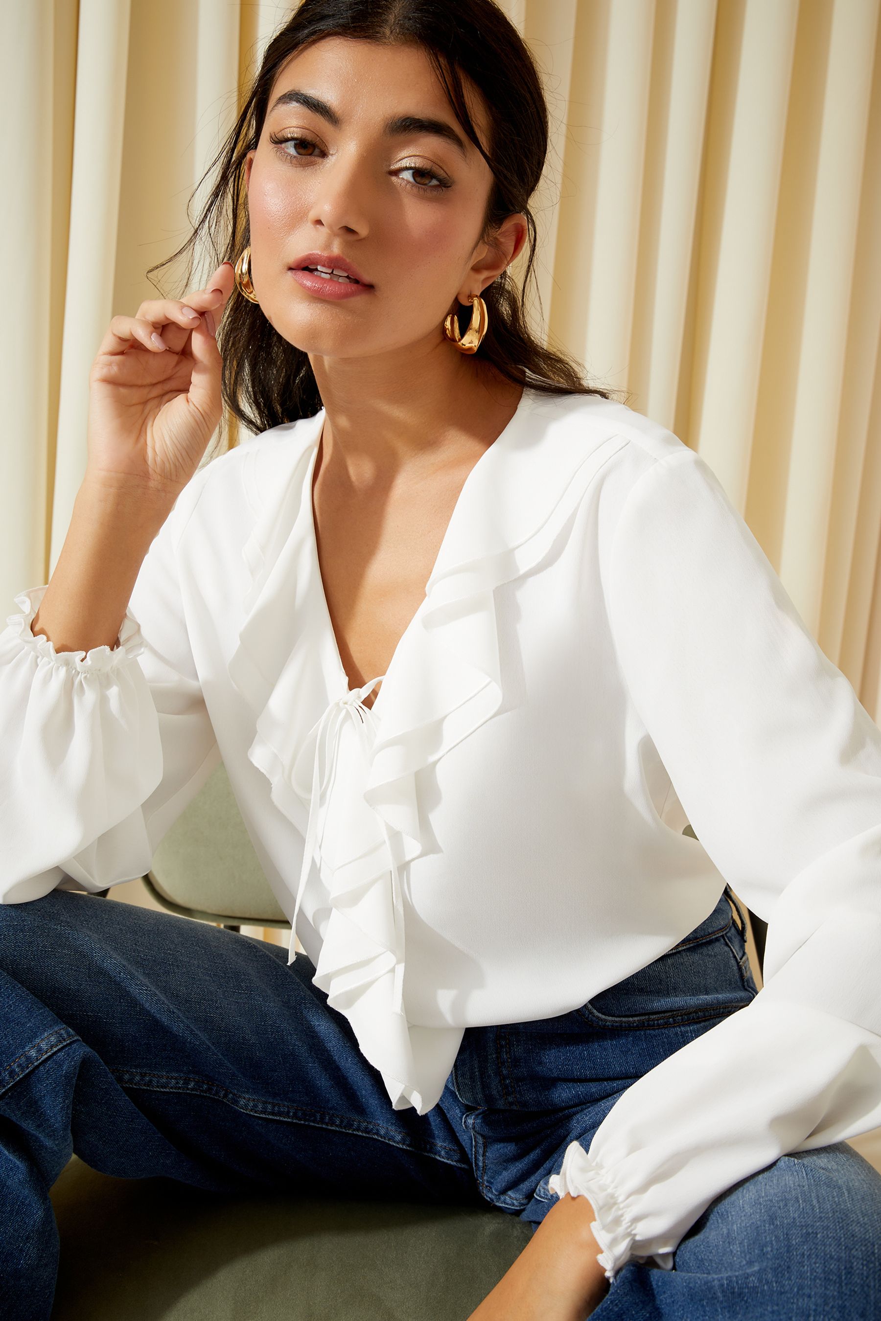 Buy Friends Like These Ivory White Long Sleeve Tie Front Double Ruffle Blouse from the Next UK online shop