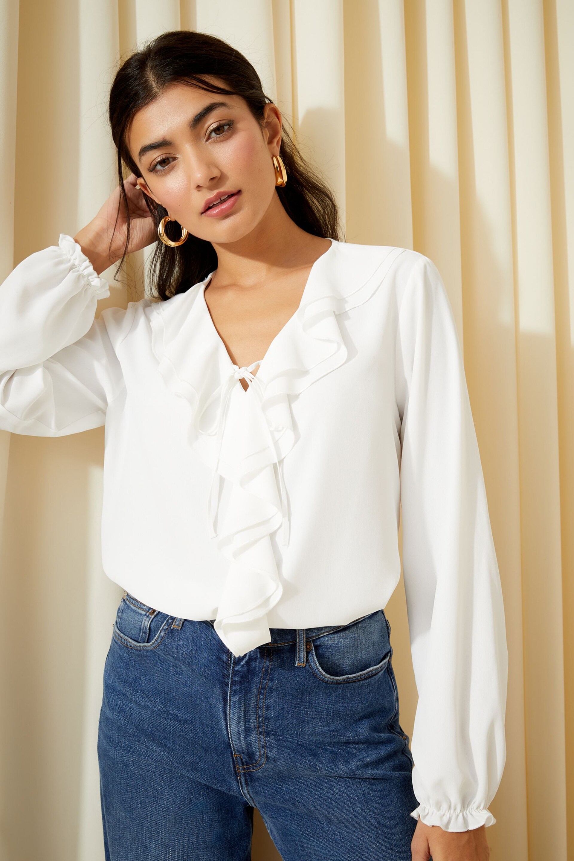 Friends Like These Ivory White Long Sleeve Tie Front Double Ruffle Blouse - Image 3 of 4